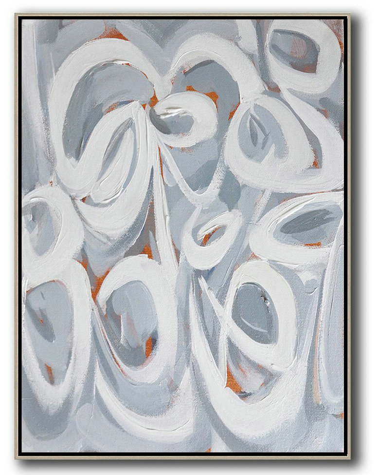 Vertical Contemporary Art,Acrylic Painting Canvas Art,White,Grey,Orange